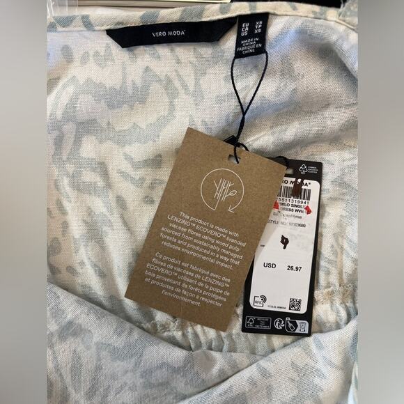 Vero Moda Milo Green Cream Mini Dress | XS Linen Blend Summer Sundress NWT - Picture 2 of 7